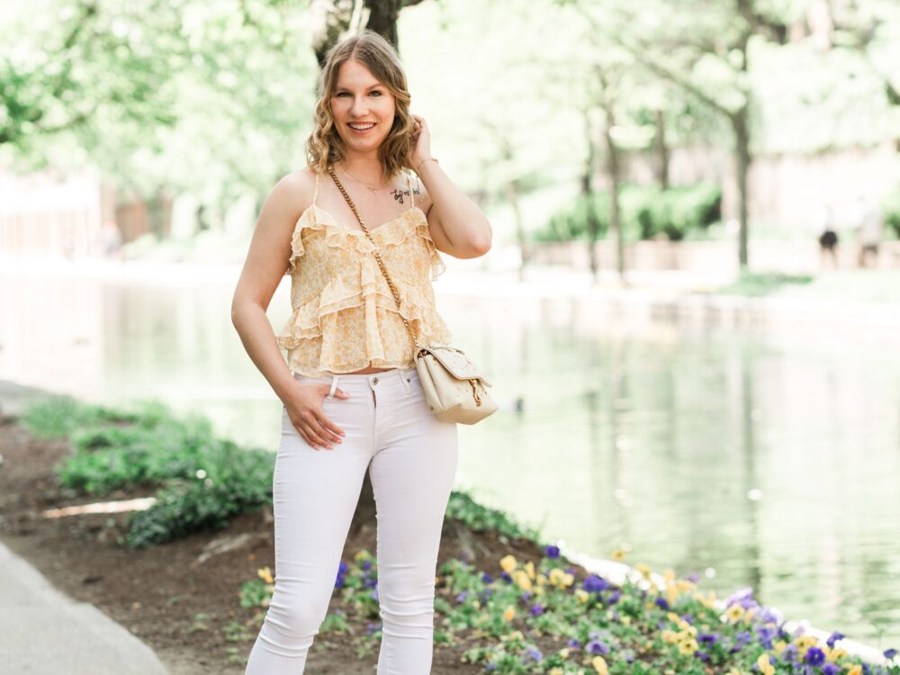 Affordable Spring Floral Top and White Denim from Old Navy
