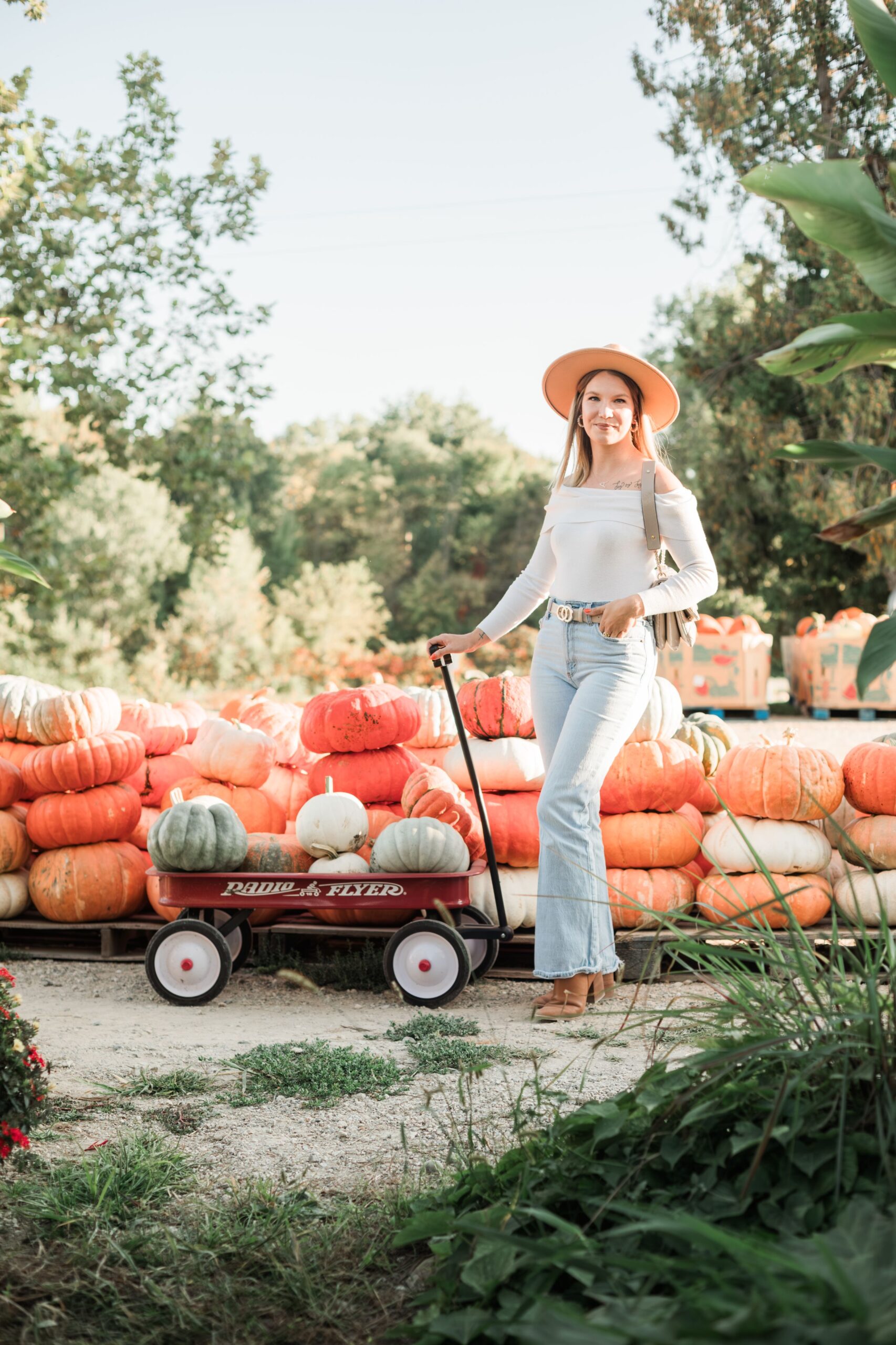 pumpkin picking outfit with red wagon